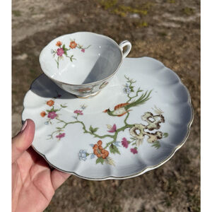 RARE Vintage LEFTON China Hand Painted TEACUP & SNACK SAUCER Pheasant Floral